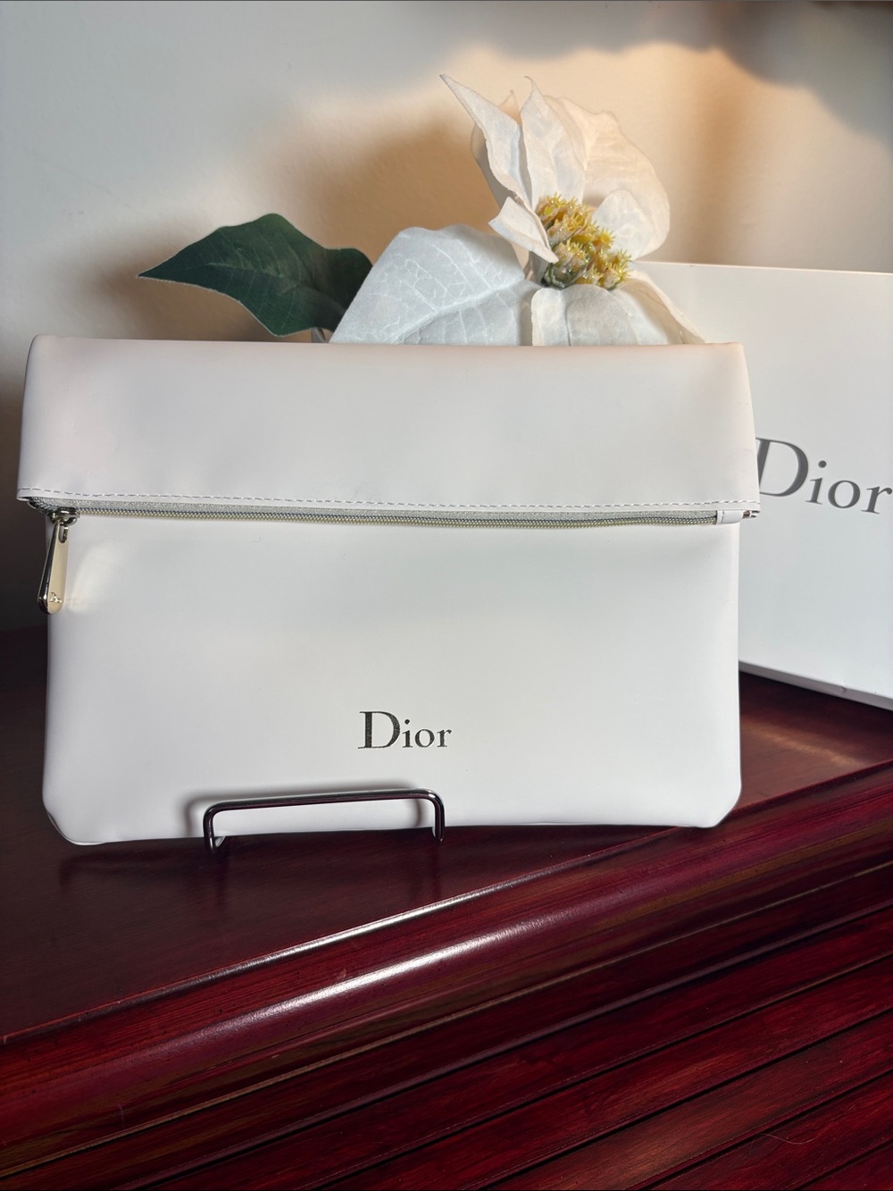 Dior White Fold-Over Leather Clutch with Zip Detail